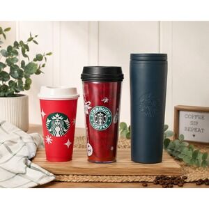 Starbucks Tumbler Travel Mug Lot of 3 Holiday Red Black Reusable Coffee Cups